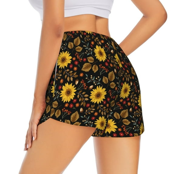 Lsque Sunflowers Leaves Printed Women's Running Shorts with Liner Pockets,Elastic Quick Dry Workout Athletic Gym Yoga Shorts,Womens High Waist Shorts-Medium