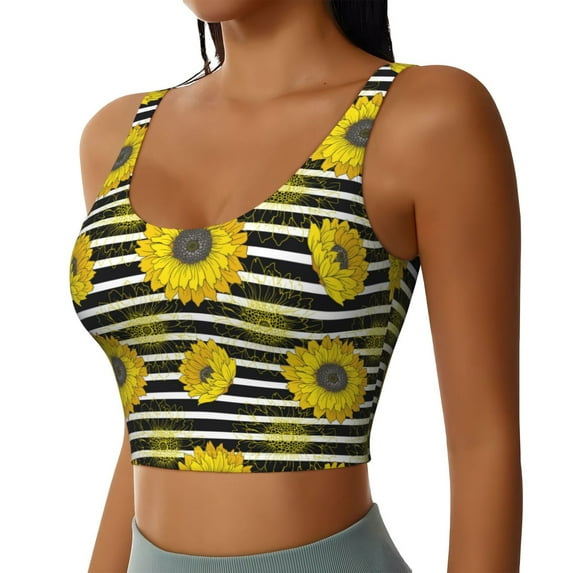 Lsque Sunflowers On Black And White Stripes Printed Women'S Sports Bra, Compression, Moisture Wicking, High-Impact Sports Bra For Women,Supportive sports bra-X-Large