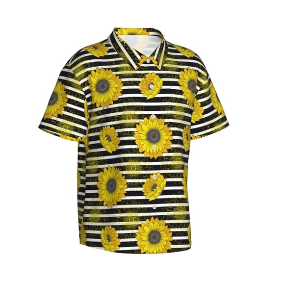 Lsque Sunflowers On Black And White Stripes pattern Hawaiian Shirt for Men, Unisex Summer Beach Casual Short Sleeve Button Down Shirts-XX-Large