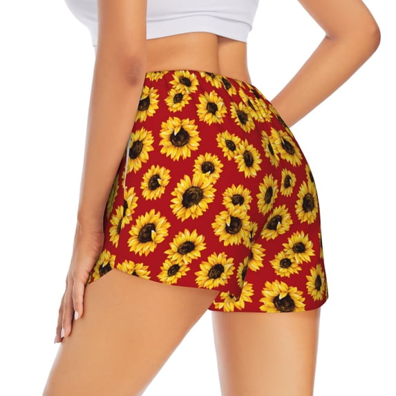 Lsque Sunflowers On Red Printed Women's Running Shorts with Liner Pockets,Elastic Quick Dry Workout Athletic Gym Yoga Shorts,Womens High Waist Shorts-Medium
