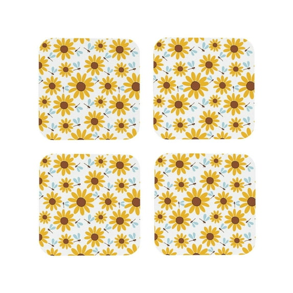 Lsque Sunflowers Pattern 4" Drink Coasters Set of 4, PVC Leather Absorbent Coasters, Table Coaster Set Decorative Coffee Cup Coasters Housewarming Gift -Square