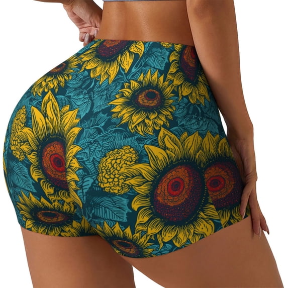 Lsque Sunflowers Pattern High Waisted Biker Shorts for Women-Tummy Control Fitness Athletic Workout Running Yoga Gym Shorts,Moisture-Wicking-X-Large