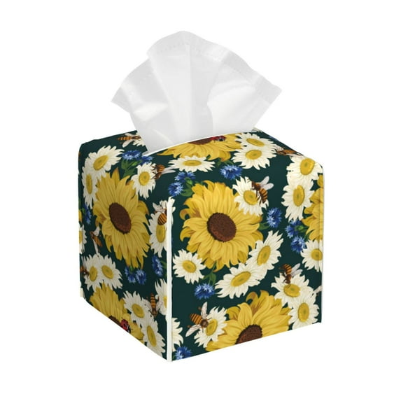 Lsque Sunflowers Printed Tissue Box Cover Holder, Facial Paper Organizer Dispenser,Square with Bottom Belt, PVC Leather Decorative Organizer