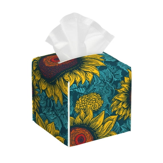 Lsque Sunflowers Printed Tissue Box Cover Holder, Facial Paper Organizer Dispenser,Square with Bottom Belt, PVC Leather Decorative Organizer