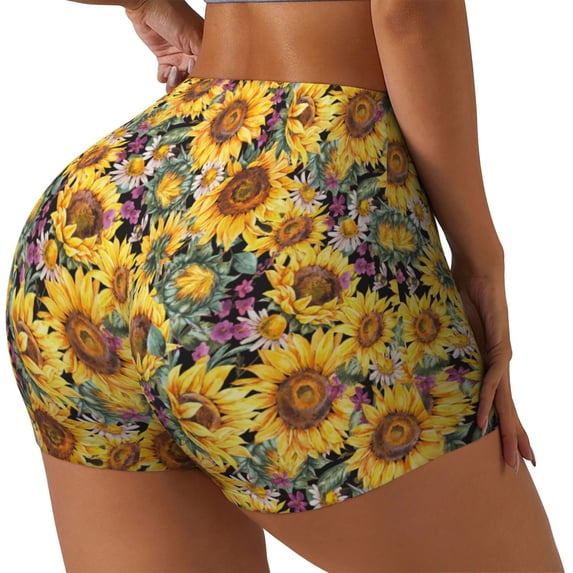 Lsque Sunflowers Vintage Pattern High Waisted Biker Shorts for Women-Tummy Control Fitness Athletic Workout Running Yoga Gym Shorts,Moisture-Wicking-Medium