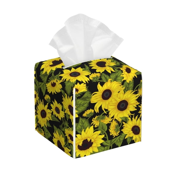 Lsque Sunflowers In Vintage Printed Tissue Box Cover Holder, Facial Paper Organizer Dispenser,Square with Bottom Belt, PVC Leather Decorative Organizer