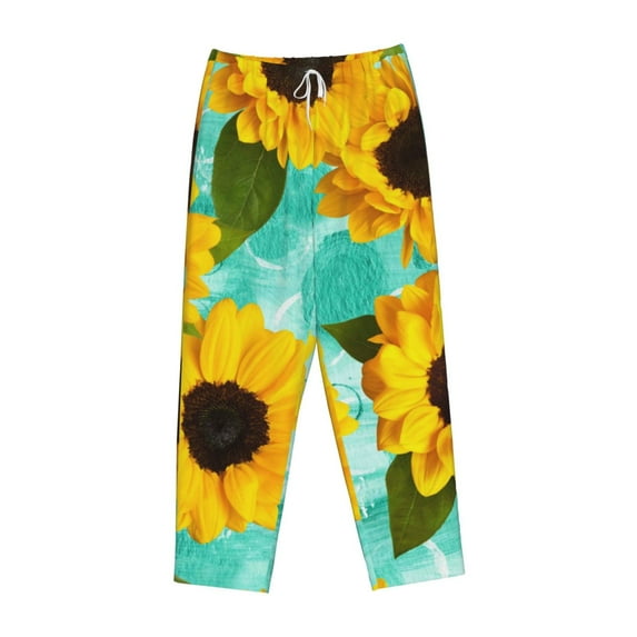 Lsque Sunflowers With Green Leaves Print Women's Pajama Pants, Lounge Pant - Comfortable Home Wear,Elastic Waistband, Stylish Design-XX-Large