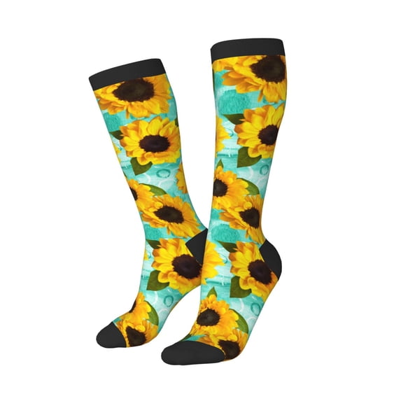 Lsque Sunflowers With Green Leaves Printed Crew Socks Men's Women's LightWeight Thin Casual Calf Socks ,Knee High Socks,Cotton Socks