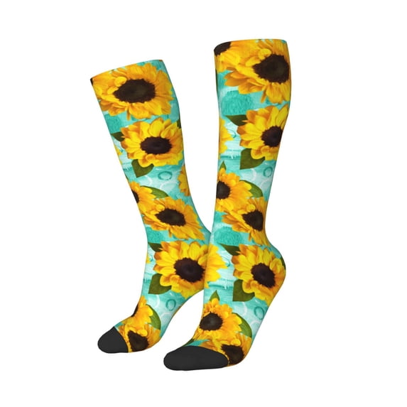 Lsque Sunflowers With Green Leaves Printed Crew Socks Men's Women's LightWeight Thin Casual Calf Socks ,Knee High Socks,Cotton Socks