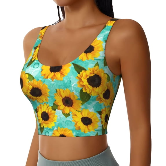 Lsque Sunflowers With Green Leaves Printed Women'S Sports Bra, Compression, Moisture Wicking, High-Impact Sports Bra For Women,Supportive sports bra-
