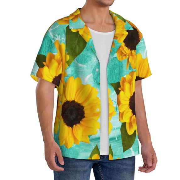 Lsque Sunflowers With Green Leaves print Men's Cuban Collar Short Sleeve Shirt Summer Beachwear Casual Button Down Fashionable Vacation Leisure Shirt-3X-Large