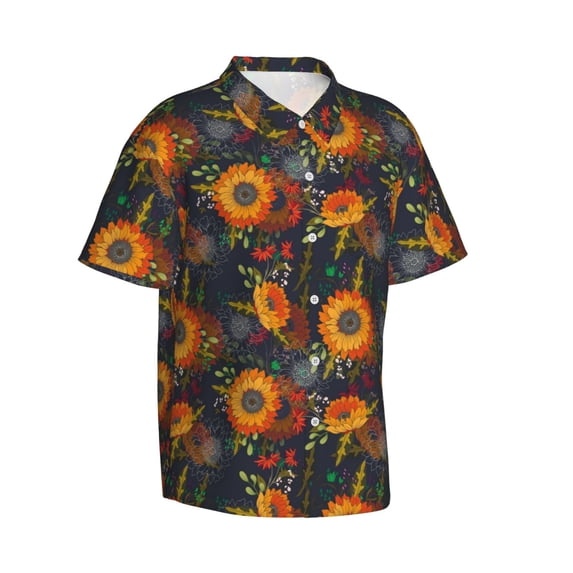 Lsque Sunflowers pattern Hawaiian Shirt for Men, Unisex Summer Beach Casual Short Sleeve Button Down Shirts-Large