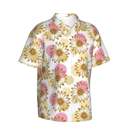 Lsque Sunflowers pattern Hawaiian Shirt for Men, Unisex Summer Beach Casual Short Sleeve Button Down Shirts-Large