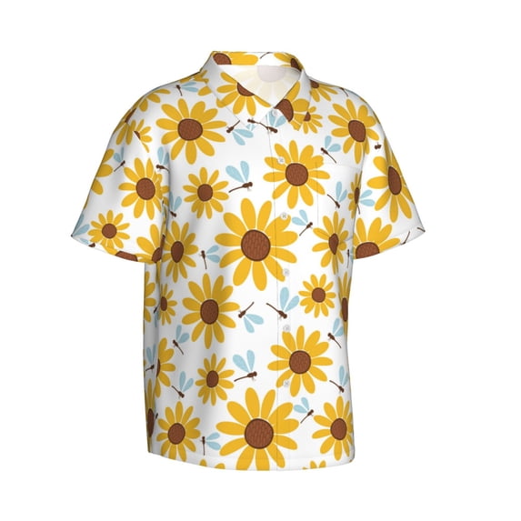 Lsque Sunflowers pattern Hawaiian Shirt for Men, Unisex Summer Beach Casual Short Sleeve Button Down Shirts-Small