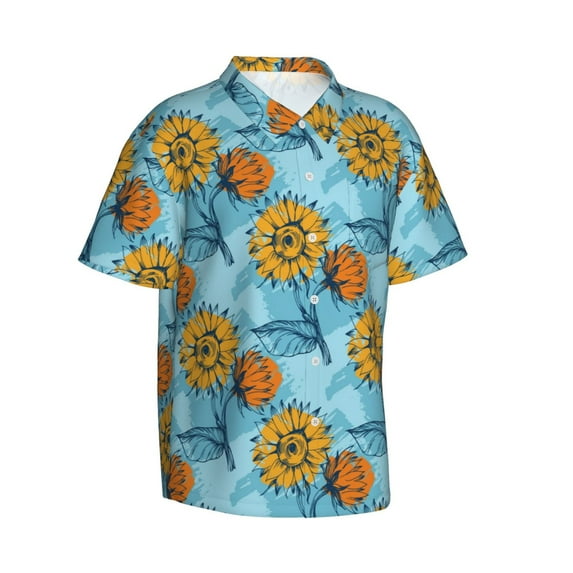Lsque Sunflowers pattern Hawaiian Shirt for Men, Unisex Summer Beach Casual Short Sleeve Button Down Shirts-X-Large