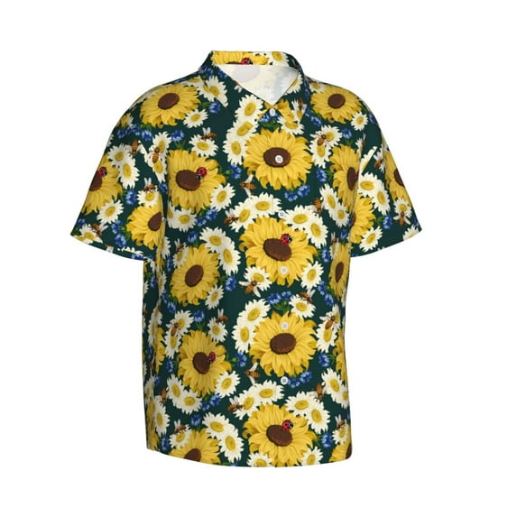 Lsque Sunflowers pattern Hawaiian Shirt for Men, Unisex Summer Beach Casual Short Sleeve Button Down Shirts-X-Large