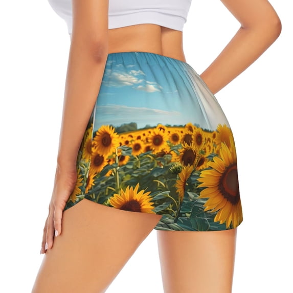 Lsque Sunlit Sunflower Field Printed Women's Running Shorts with Liner Pockets,Elastic Quick Dry Workout Athletic Gym Yoga Shorts,Womens High Waist Shorts-X-Large
