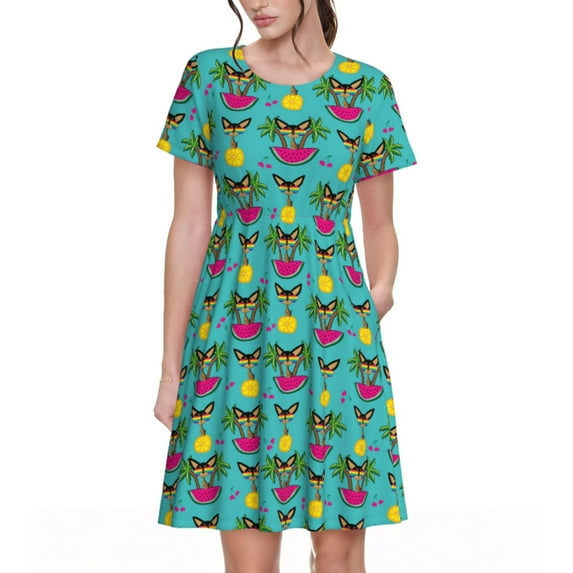 Lsque Sunmmer Cat Print Women's Casual Dress T-Shirt Summer Short Sleeve Scoop Neck Swing Dresses