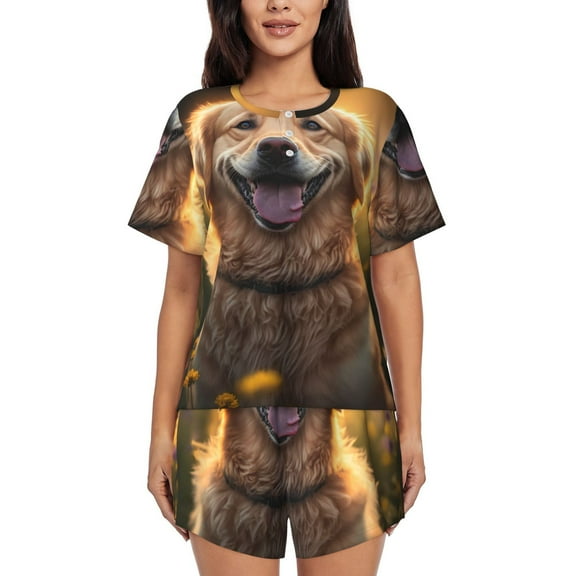 Lsque Sunset Daisy Dog Women's Short-Sleeved Pajama Set - 2 Piece Soft and Lightweight Sleepwear Set-Large