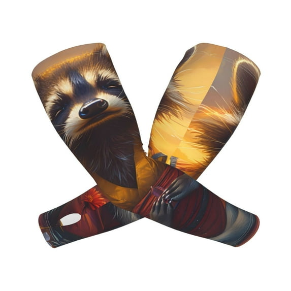 Lsque Sunset Flower Meditating Raccoon Cooling Arm Sleeves for Men & Women -Compression Sleeves to Cover Arms for Working,Sun Sleeves for UV Protection,Breathable, Moisture-Wicking