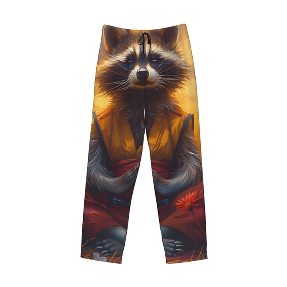 Lsque Sunset Flower Meditating Raccoon Print Men's Pajama Pants, Lounge Pant - Comfortable Home Wear,Elastic Waistband, Stylish Design-X-Large