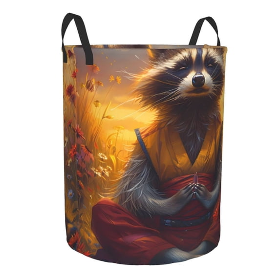 Lsque Sunset Flower Meditating Raccoon pattern Laundry Hamper Basket, Tall Woven Rope Hamper Basket for Clothes, Lightweight Storage Basket, Collapsible Waterproof-Medium