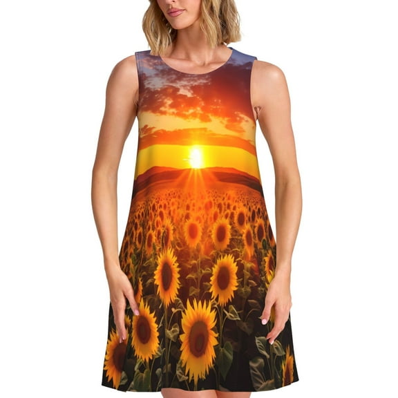 Lsque Sunset Golden Sunflower Field Pattern Summer Dresses for Women – Sleeveless T-Shirt Swing Sundress, Perfect for the Beach and Casual Days