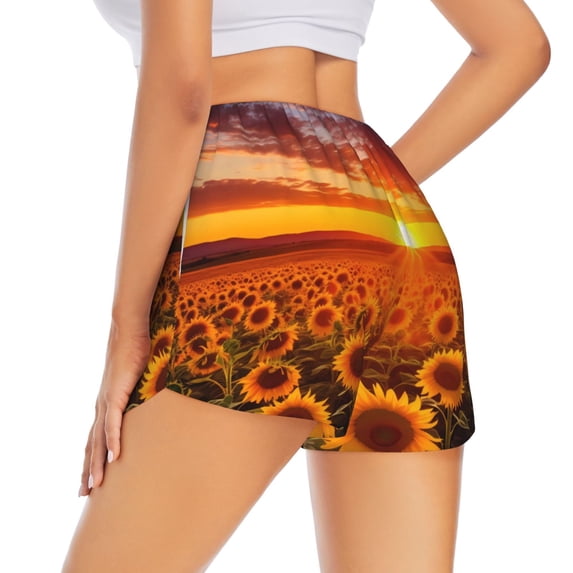Lsque Sunset Golden Sunflower Field Printed Women's Running Shorts with Liner Pockets,Elastic Quick Dry Workout Athletic Gym Yoga Shorts,Womens High Waist Shorts-Large