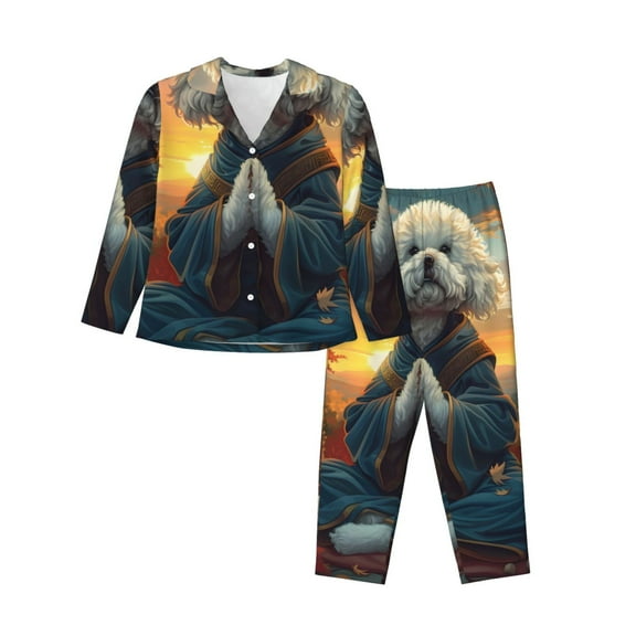 Lsque Sunset Meditating Bichon Frise Pattern Long Sleeve Pajama Set for Women - Soft 2-Piece Sleepwear and Loungewear Set with Pockets, Comfy Nightwear-Medium