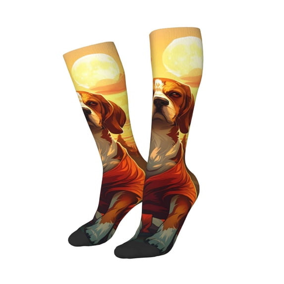Lsque Sunset Meditating Dog Printed Crew Socks Men's Women's LightWeight Thin Casual Calf Socks ,Knee High Socks,Cotton Socks