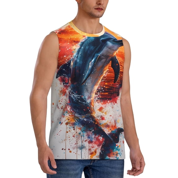 Lsque Sunset Ocean Watercolor Dolphin Print Men's Cotton Blend Sleeveless Muscle Shirts (S-3XL)- Moisture Wicking, Odor Protection, UPF 30+,Large