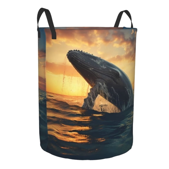 Lsque Sunset Ocean Whale pattern Laundry Hamper Basket, Tall Woven Rope Hamper Basket for Clothes, Lightweight Storage Basket, Collapsible Waterproof-Medium