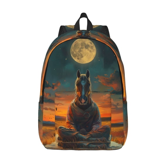 Lsque Sunset Prairie Meditating Horse Pattern Canvas Daypack, Durable Backpack, High-quality Versatile Backpack,Vintage Compact Backpack-Small