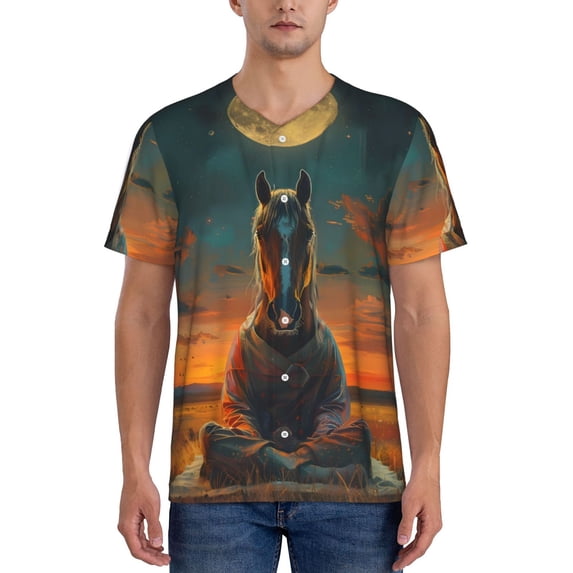 Lsque Sunset Prairie Meditating Horse Pattern Mens Polo Golf Shirts Funny Graphics Shorts Sleeve Button Shirts Baseball T-shirt-