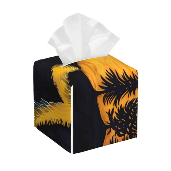 Lsque Sunset River Pine Trees Printed Tissue Box Cover Holder, Facial Paper Organizer Dispenser,Square with Bottom Belt, PVC Leather Decorative Organizer