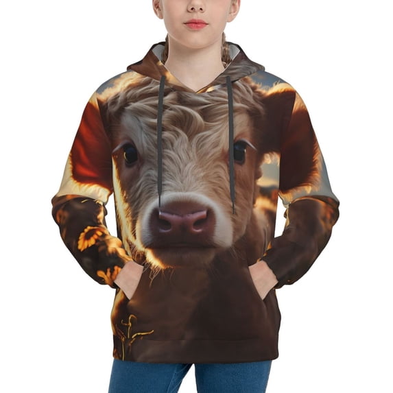 Lsque Sunset Sunflower Small Cow Patten Youth Hoodie Sweatshirt Pullover with Kangaroo Pocket Boys and Girls Hoodie Warm Hoodie for Kids-X-Large