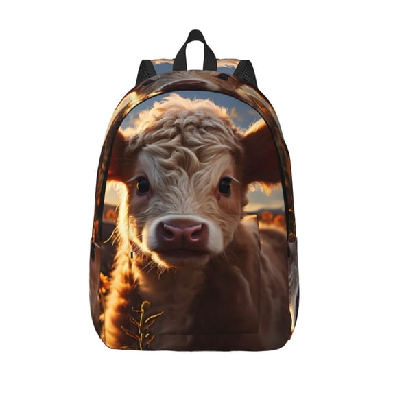 Lsque Sunset Sunflower Small Cow Pattern Canvas Daypack, Durable Backpack, High-quality Versatile Backpack,Vintage Compact Backpack-Medium