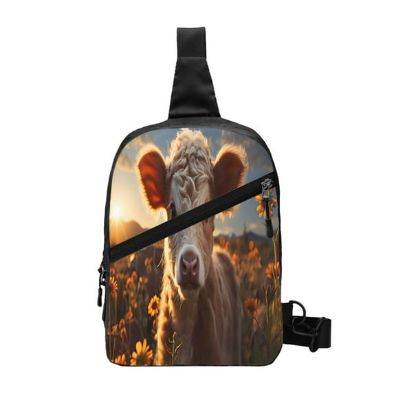 Lsque Sunset Sunflower Small Cow Pattern Chest Package – Foldable Waterproof Chest Bag with Adjustable Shoulder Strap, Double Zipper Compartments & D-Buckle Design