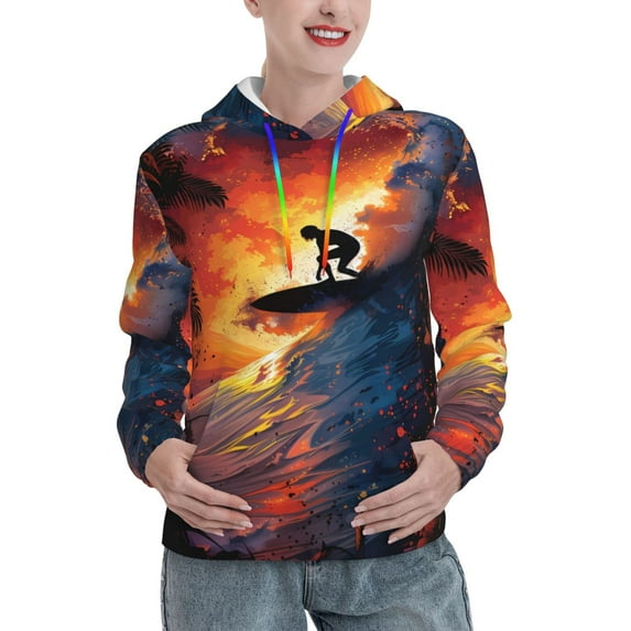 Lsque Sunset Surfing Silhouette Pattern Casual Women's Hoodie,Hooded Sweatshirt with Kangaroo Pocket,Pullover Hoodie with Eye-catching Drawstrings-XX-Large
