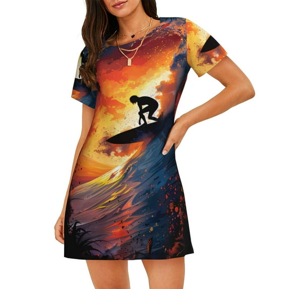 Lsque Sunset Surfing Silhouette Pattern Nightgowns for Women Sleep Shirts Short Sleeve Nightshirt Pullover Nightdress Soft Sleepwear Relaxed Fit Nightdress