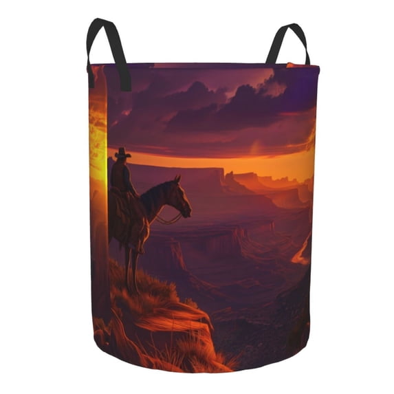 Lsque Sunset Valley Western Cowboy pattern Laundry Hamper Basket, Tall Woven Rope Hamper Basket for Clothes, Lightweight Storage Basket, Collapsible Waterproof-Medium