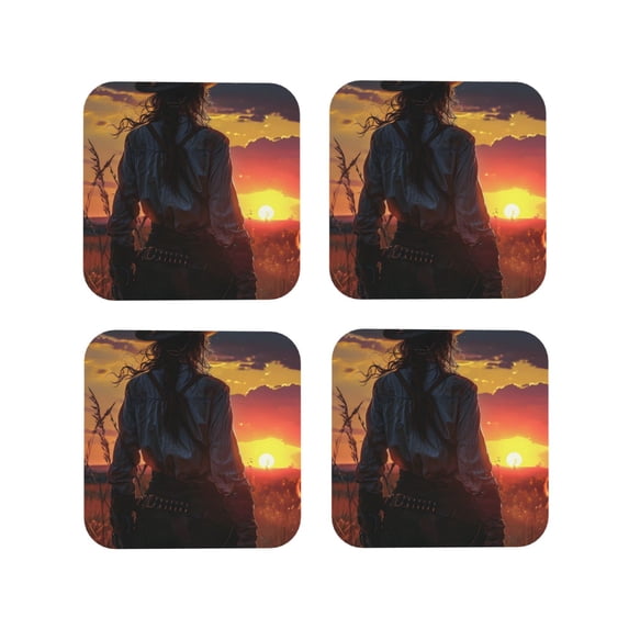 Lsque Sunset Western Cowgirl Pattern 4" Drink Coasters Set of 4, PVC Leather Absorbent Coasters, Table Coaster Set Decorative Coffee Cup Coasters Housewarming Gift -Square