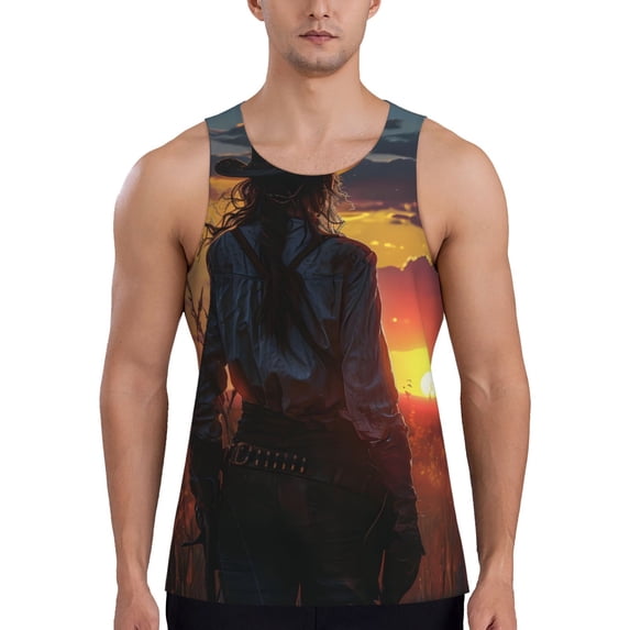 Lsque Sunset Western Cowgirl Pattern Mens Tank Tops Muscle Athletic Quick Dry Sleeveless Workout Fitness T Shirts Beach Tank Top, Loose-fit Sleeveless Shirt for Men-Small