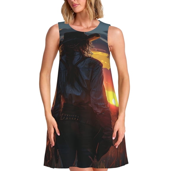 Lsque Sunset Western Cowgirl Pattern Summer Dresses for Women – Sleeveless T-Shirt Swing Sundress, Perfect for the Beach and Casual Days