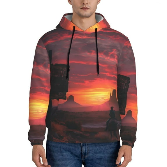 Lsque Sunset Western Desert Cowboy Pattern Casual Men's Hoodie,Hooded Sweatshirt with Kangaroo Pocket,Pullover Hoodie-Small