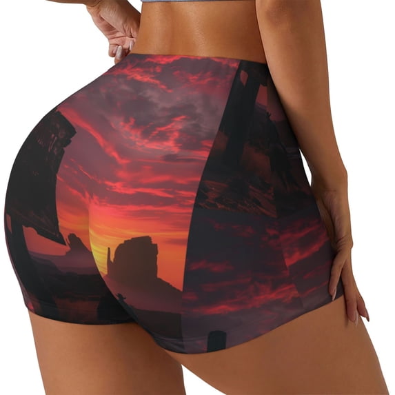 Lsque Sunset Western Desert Cowboy Pattern High Waisted Biker Shorts for Women-Tummy Control Fitness Athletic Workout Running Yoga Gym Shorts,Moisture-Wicking-Medium
