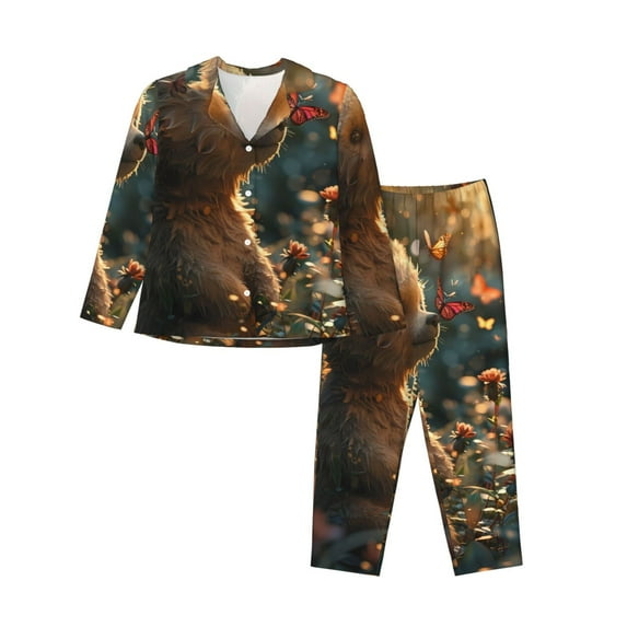 Lsque Sunshine Butterfly Flower Bear Pattern Long Sleeve Pajama Set for Women - Soft 2-Piece Sleepwear and Loungewear Set with Pockets, Comfy Nightwear-Medium