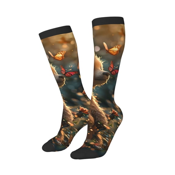 Lsque Sunshine Butterfly Flower Bear Printed Crew Socks Men's Women's LightWeight Thin Casual Calf Socks ,Knee High Socks,Cotton Socks