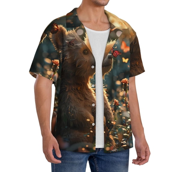 Lsque Sunshine Butterfly Flower Bear print Men's Cuban Collar Short Sleeve Shirt Summer Beachwear Casual Button Down Fashionable Vacation Leisure Shirt-Large