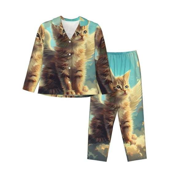 Lsque Sunshine Cloud Cute Cat Pattern Long Sleeve Pajama Set for Women - Soft 2-Piece Sleepwear and Loungewear Set with Pockets, Comfy Nightwear-XX-Large